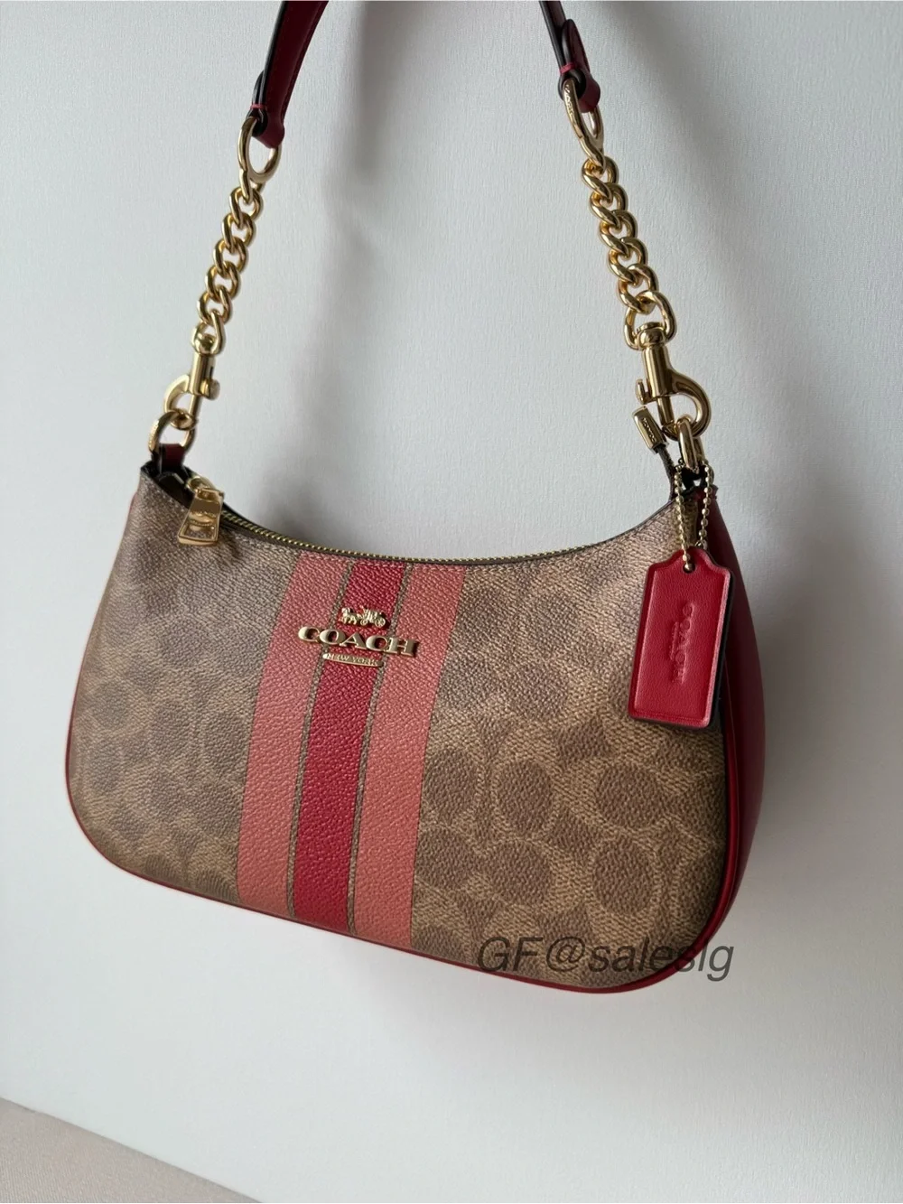 Coach Teri Shoulder Bag In Signature Canvas With Stripe Gold/Tan CAL81 NWT